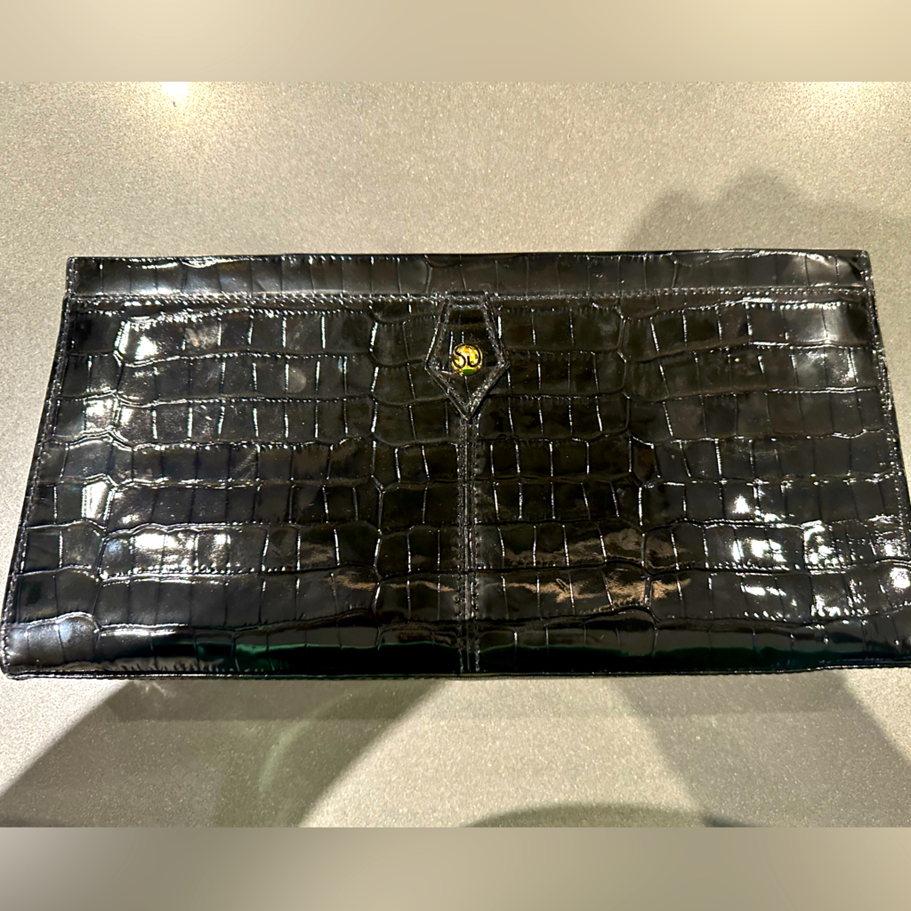 Vintage St. John Black Crocodile Patent Leather Clutch Or Purse.